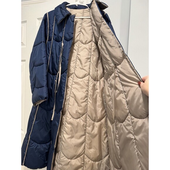 Vintage Long Puffer Coat Navy Blue Tan Reversible Quilted Winter Jacket Size L - Picture 6 of 6